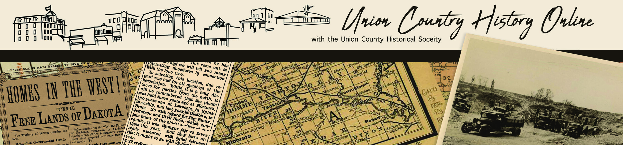 Graphic banner displays a skyline that includes buildings representative of several communities in Union County.